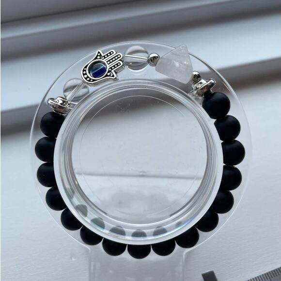 Black Obsidian and Clear Quartz Pyramid with Hamsa Crystal Bracelet - Picture 5 of 5